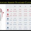 Standard Clothing Sizing Chart for Iron Mountain Armory