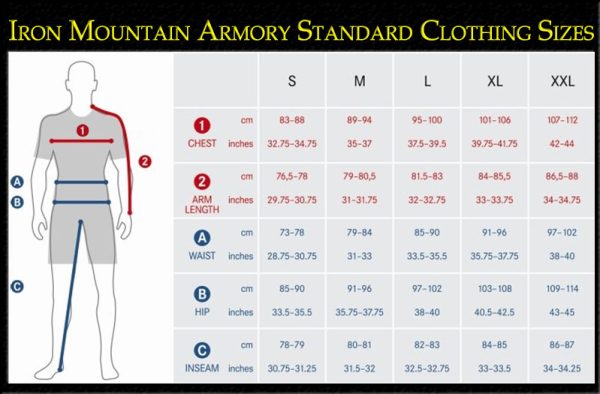 Standard Clothing Sizing Chart for Iron Mountain Armory