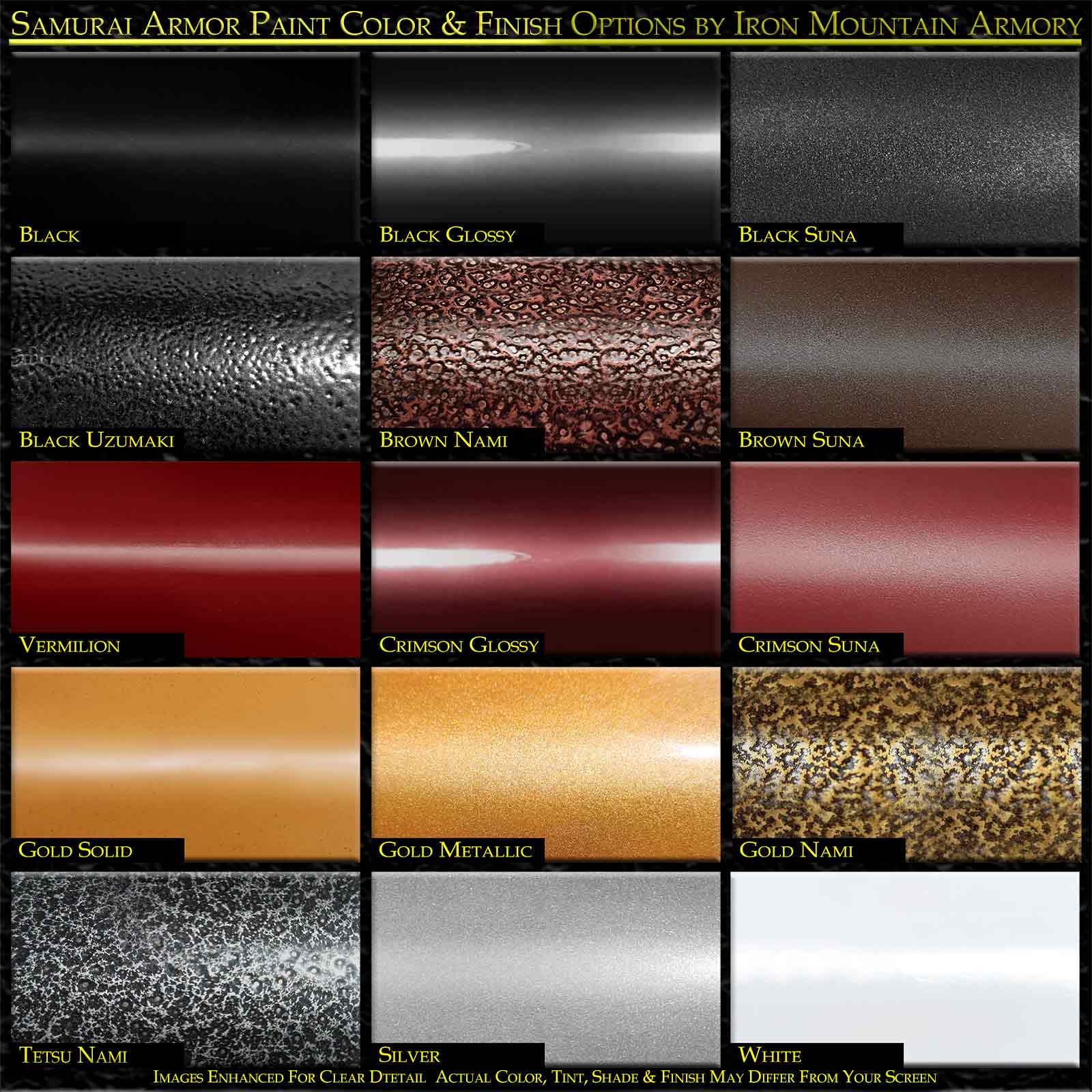 Samurai Armor Paint Color & Finish Options by Iron Mountain Armory